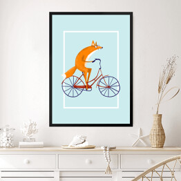 Obraz w ramie Lis na rowerze na miętowym tle