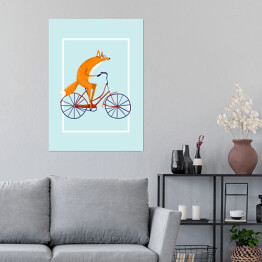 Plakat Lis na rowerze na miętowym tle
