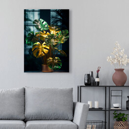 Obraz klasyczny Monstera. Nowoczesna kompozycja z liści w kolorze butelkowej zieleni i złocie