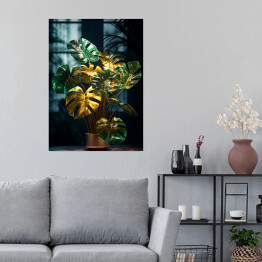 Plakat Monstera. Nowoczesna kompozycja z liści w kolorze butelkowej zieleni i złocie