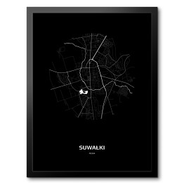 Obraz w ramie Mapa Suwałki w kole czarno-biała