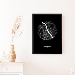 Obraz w ramie Mapa Warszawy w kole czarno-biała