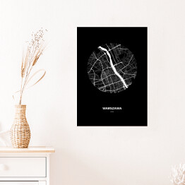Plakat Mapa Warszawy w kole czarno-biała