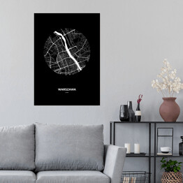 Plakat samoprzylepny Mapa Warszawy w kole czarno-biała