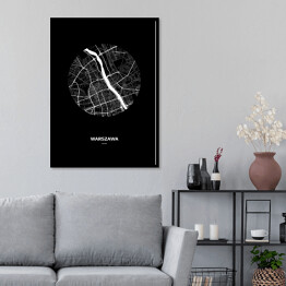 Plakat w ramie Mapa Warszawy w kole czarno-biała