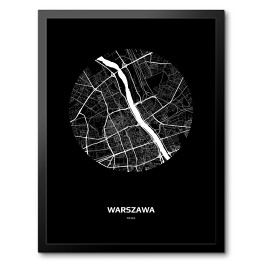 Obraz w ramie Mapa Warszawy w kole czarno-biała