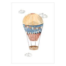 Plakat Malowany balon w odcieniach rdzawym, beżowym i niebieskim w chmurach