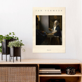 Plakat Jan Vermeer "Ważąca perły" - reprodukcja z napisem. Plakat z passe partout