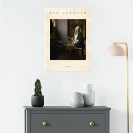 Jan Vermeer "Ważąca perły" - reprodukcja z napisem. Plakat z passe partout
