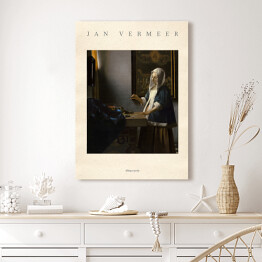 Obraz klasyczny Jan Vermeer "Ważąca perły" - reprodukcja z napisem. Plakat z passe partout