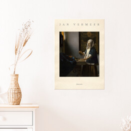 Plakat samoprzylepny Jan Vermeer "Ważąca perły" - reprodukcja z napisem. Plakat z passe partout