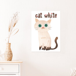 Plakat samoprzylepny Ilustracja - cat white - kocia kawa