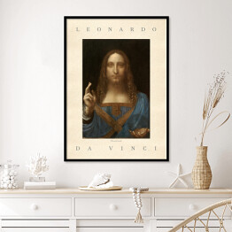 Plakat w ramie Leonardo da Vinci "Zbawiciel świata" - reprodukcja z napisem. Plakat z passe partout
