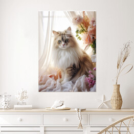 Plakat Długowłosy kot wśród kwiatów - portret zwierzaka