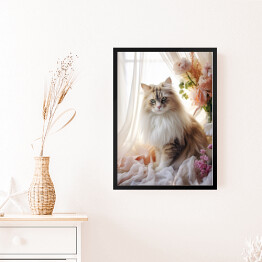 Obraz w ramie Długowłosy kot wśród kwiatów - portret zwierzaka
