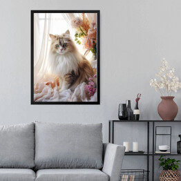 Obraz w ramie Długowłosy kot wśród kwiatów - portret zwierzaka