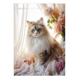 Plakat Długowłosy kot wśród kwiatów - portret zwierzaka