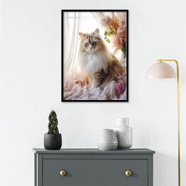 Plakat w ramie Długowłosy kot wśród kwiatów - portret zwierzaka