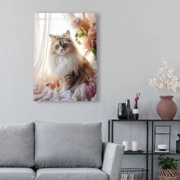 Obraz na płótnie Długowłosy kot wśród kwiatów - portret zwierzaka