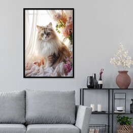 Plakat w ramie Długowłosy kot wśród kwiatów - portret zwierzaka