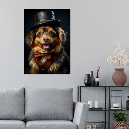 Plakat samoprzylepny Pies w kapeluszu - fantasy portret słodki zwierzak