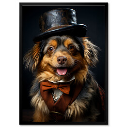 Plakat w ramie Pies w kapeluszu - fantasy portret słodki zwierzak