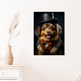 Plakat Pies w kapeluszu - fantasy portret słodki zwierzak
