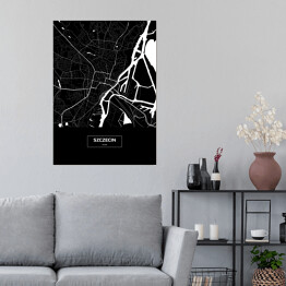 Plakat samoprzylepny Mapa Szczecina czarno-biała z napisem na czarnym tle