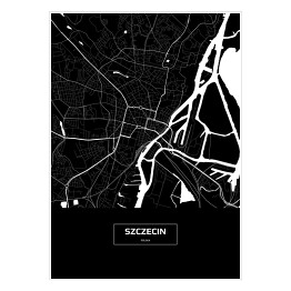 Plakat samoprzylepny Mapa Szczecina czarno-biała z napisem na czarnym tle