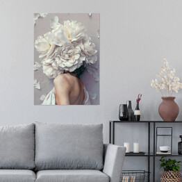 Plakat samoprzylepny Dziewczyna w kwiatach na tle z płatkami kwiatów
