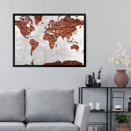 Obraz w ramie Mapa świata z motywem ciemnej cegły