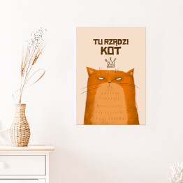 Plakat samoprzylepny "Tu rządzi kot" - ilustracja z rudym kotem