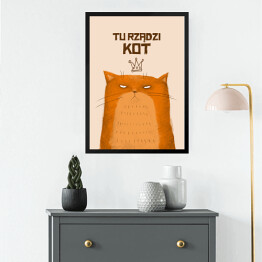 Obraz w ramie "Tu rządzi kot" - ilustracja z rudym kotem