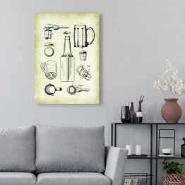 Obraz klasyczny Piwo. Kufel, kapsel, butelka w sepii. Retro plakat patentowy dla piwosza