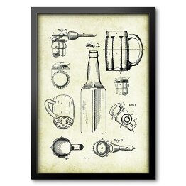 Obraz w ramie Piwo. Kufel, kapsel, butelka w sepii. Retro plakat patentowy dla piwosza