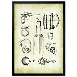 Plakat w ramie Piwo. Kufel, kapsel, butelka w sepii. Retro plakat patentowy dla piwosza