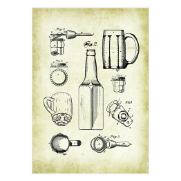 Plakat Piwo. Kufel, kapsel, butelka w sepii. Retro plakat patentowy dla piwosza