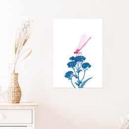 Plakat samoprzylepny Różowa ważka na niebieskiej roślinie