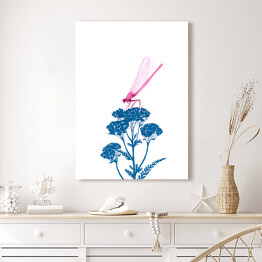 Obraz klasyczny Różowa ważka na niebieskiej roślinie