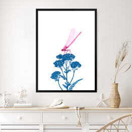Obraz w ramie Różowa ważka na niebieskiej roślinie