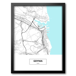 Obraz w ramie Mapa Gdyni z podpisem na białym tle z podpisem na czarnym tle
