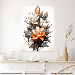 Plakat Kompozycja geometryczna z rysowanymi kwiatami