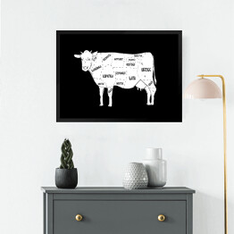 Obraz w ramie Krowa - schemat części czarno-biały