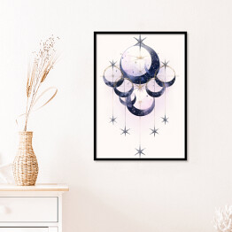 Plakat w ramie Mistyczny księżyc i rozgwieżdżone niebo rysunek akwarelowy