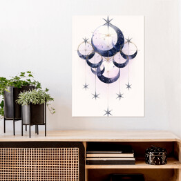 Plakat samoprzylepny Mistyczny księżyc i rozgwieżdżone niebo rysunek akwarelowy