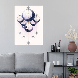 Plakat samoprzylepny Mistyczny księżyc i rozgwieżdżone niebo rysunek akwarelowy