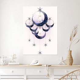 Plakat Mistyczny księżyc i rozgwieżdżone niebo rysunek akwarelowy