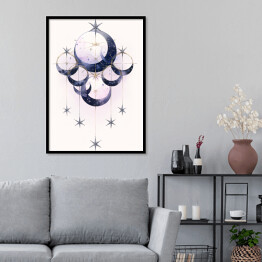 Plakat w ramie Mistyczny księżyc i rozgwieżdżone niebo rysunek akwarelowy