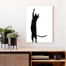 Obraz na płótnie Czarny kot z długim ogonem stojący na dwóch łapkach