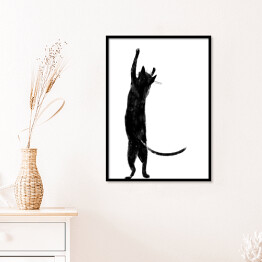 Plakat w ramie Czarny kot z długim ogonem stojący na dwóch łapkach